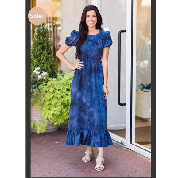 Blue B Maxi Cutout Dress Boho Puff Sleeves Prairie Western Ruffles Size Large - Picture 1 of 10